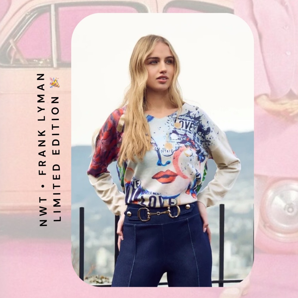 🆕 🎉 Frank Lyman multicolor abstract graffiti love v-neck knit pullover sweater